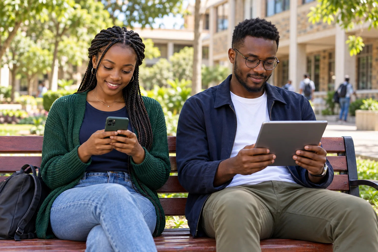 Adult Kenyan college learners using phones and tablets with a lecturer